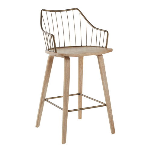 Counter Stool in White Washed Wood and Antique Copper Metal