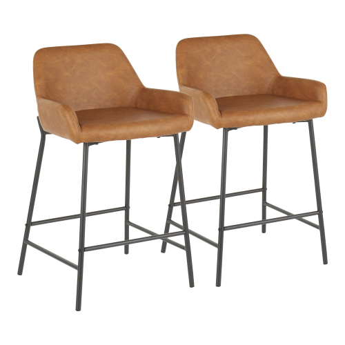 Counter Stool in Black Metal and Camel Faux Leather - Set of 2