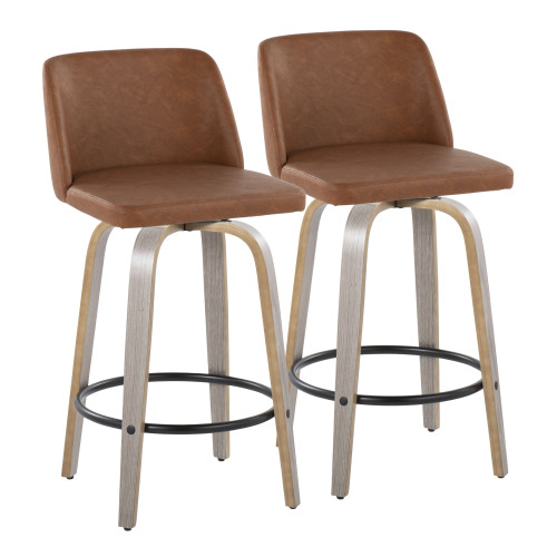 26" Contemporary Fixed-Height Counter Stool with Swivel in Light Grey Wood and Camel Faux Leather with Round Black Metal Footrest - Set of 2