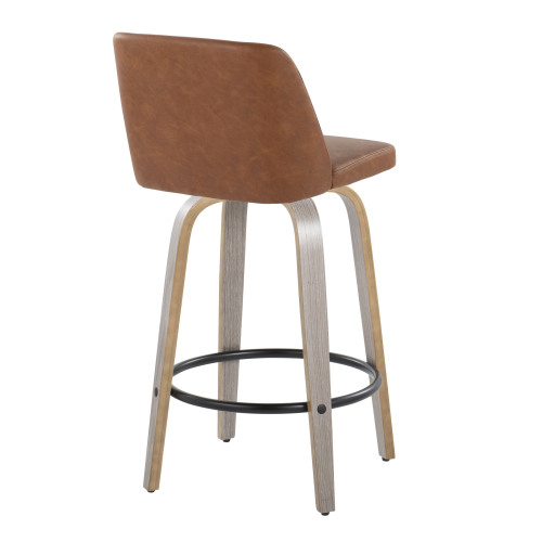 26" Contemporary Fixed-Height Counter Stool with Swivel in Light Grey Wood and Camel Faux Leather with Round Black Metal Footrest - Set of 2