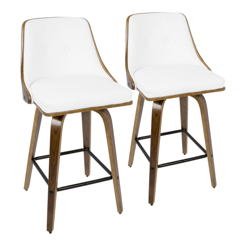 26" Mid-Century Modern Counter Stool in Walnut with White Faux Leather - Set of 2